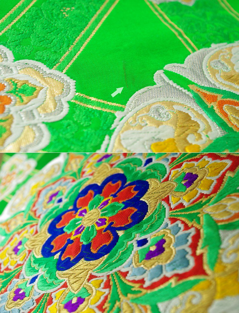 袋帯○グリーンに大きなカラフル華紋 - からん::アンティーク着物