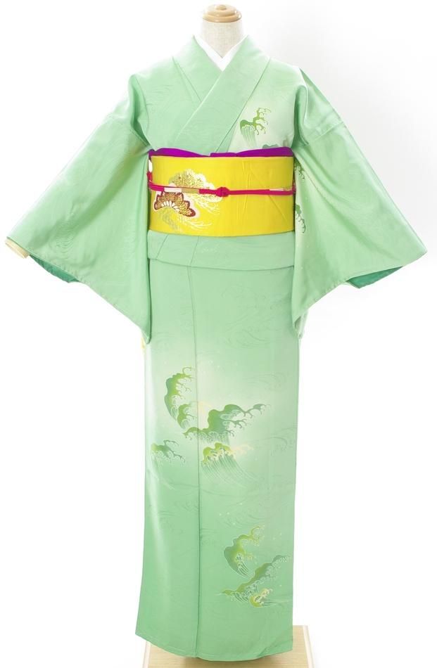 付け下げ 若草色の地 波 からん アンティーク着物 リサイクル着物の通販サイト