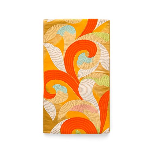 袋帯●オレンジの地　渦巻きみたい　ボリューミな葉のサムネイル画像