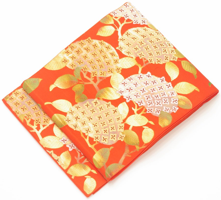 袋帯●濃いオレンジ地　キュートな紫陽花