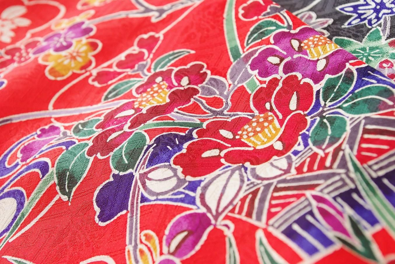 絶品 振袖 紅型 縮緬 裄69 素敵な暈し染め 広衿 袷 着物 AK-3616
