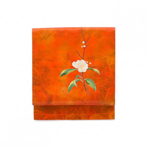 オレンジ色の地　白椿　刺繍のサムネイル画像