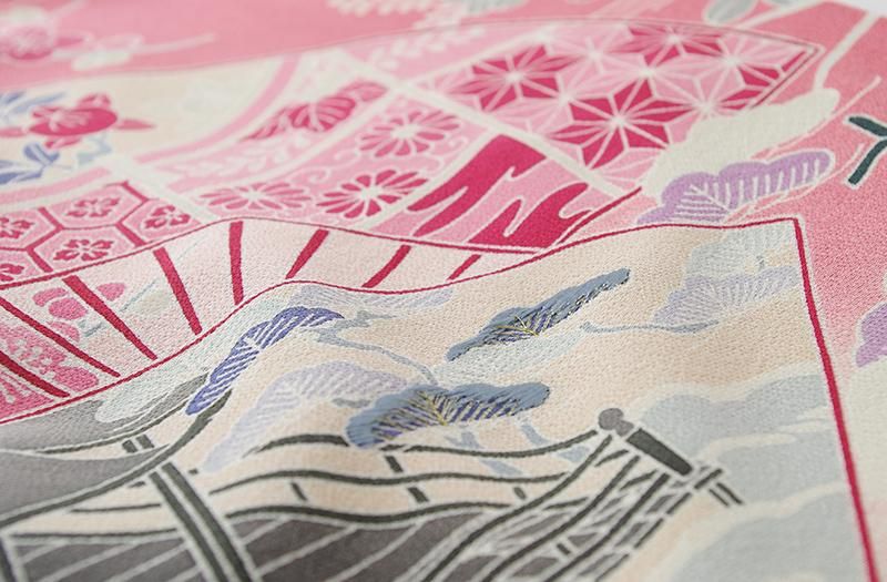 振袖襦袢　梅花　楓　菊花　牡丹　流線模様　グラデーション　ピンク　着物　022t 振袖レンタル｜サーモンピンクに波牡丹丸菊｜F0253｜S｜宅配着物