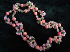 ヴィンテージ ピンクのお花の2連ネックレス（S6037）