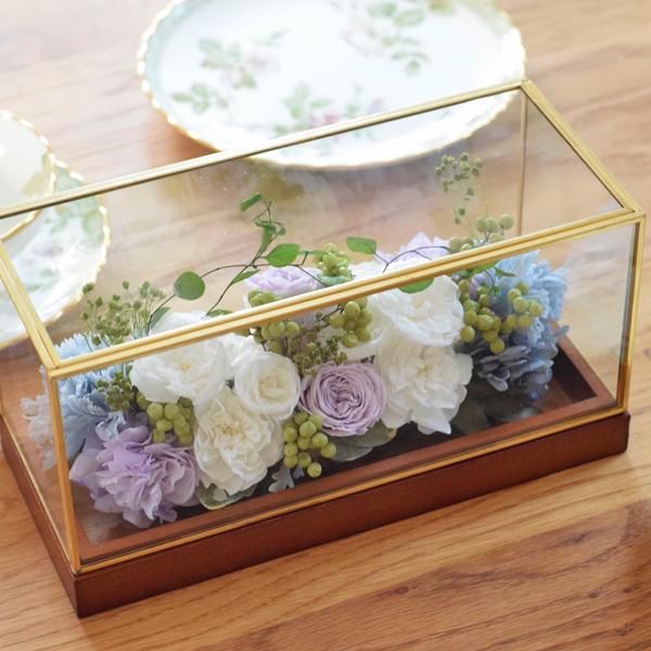 リラ色のプリザーブドフラワー｜ガラスボックス｜色褪せることのない