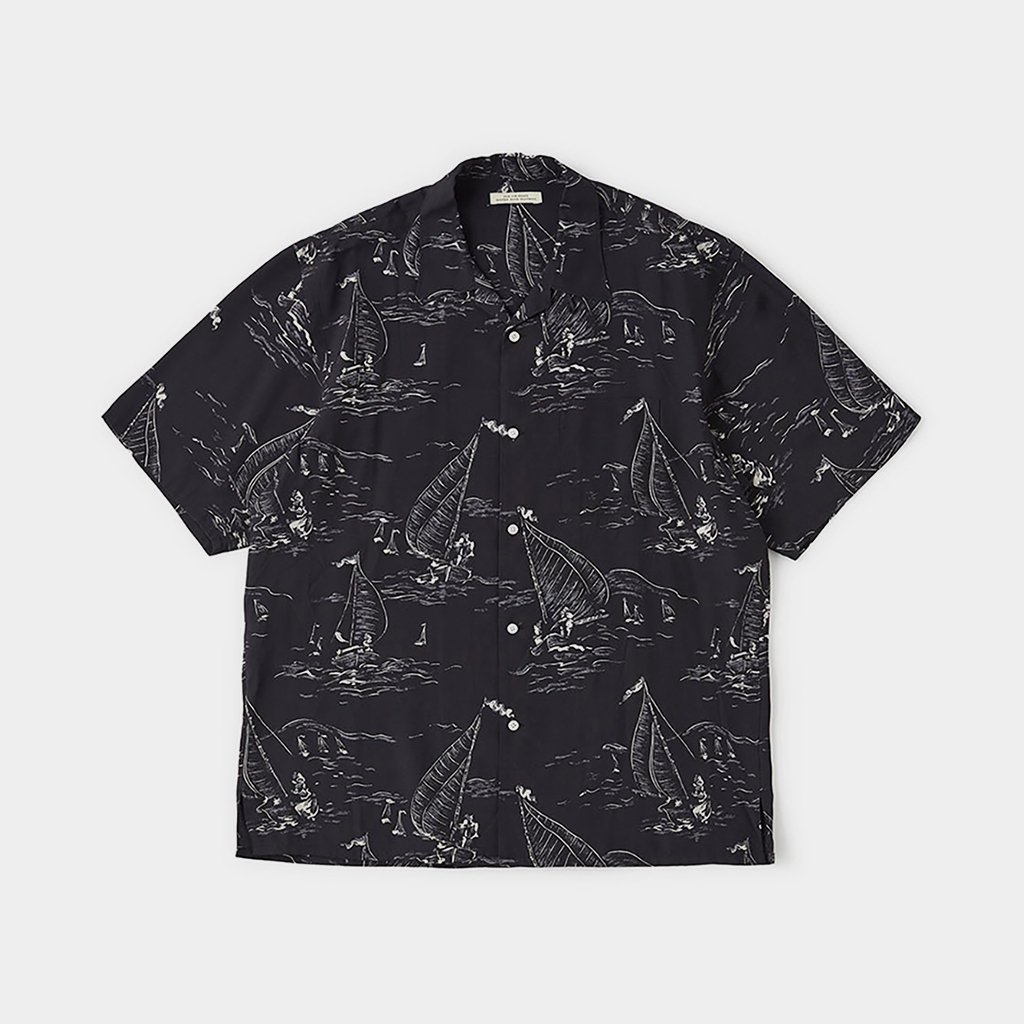 OLD JOE BRAND / ORIGINAL PRINTED OPEN COLLAR SHIRTS MARINE SHORT-SLEEVE  BLACK