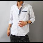 【紳士的なホワイト×ドットのスタイリッシュ感】ウォッシュ加工・ドット切り替え　メンズ七分袖シャツ