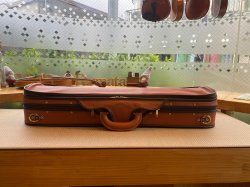 NEGRI Diplomat Wooden Violin Case Cognac Brown Leather and Olive Green