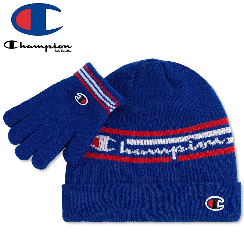 Champion チャンピオン キッズ ニットキャップ Logo Strip Hat Beanie And Glove Set ブルー No17 Champion チャンピオン キッズ ニットキャップ Logo Strip Hat Beanie And Glove Set ブルー No17