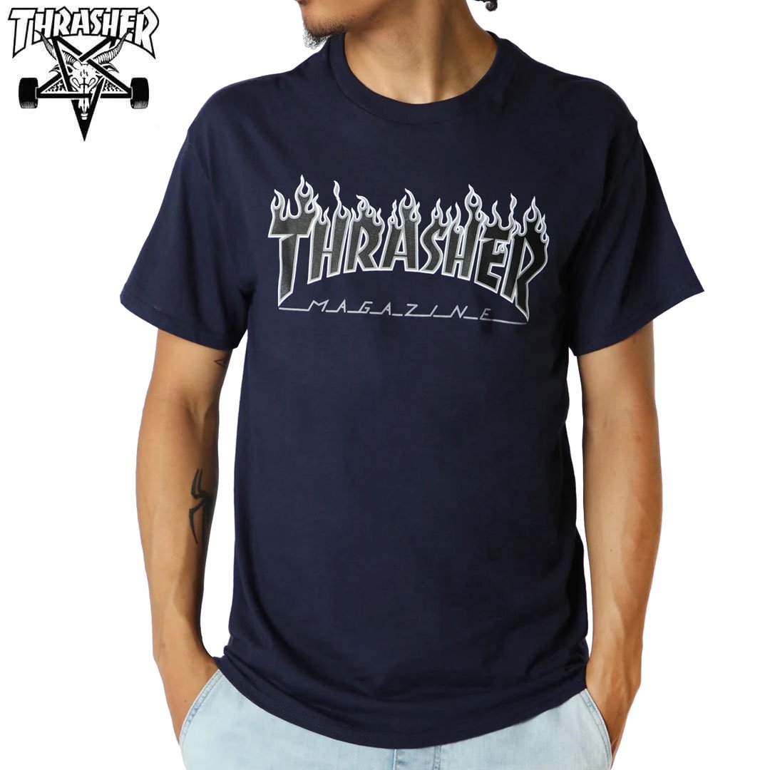 【スラッシャー THRASHER Tシャツ】USAモデル Flame Logo TEE ネイビー/ブラック NO138