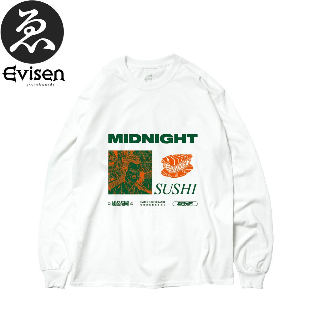 EVISEN エビセン スケボー ロング Tシャツ MIDNIGHT SUSHI LS TEE ホワイト NO12