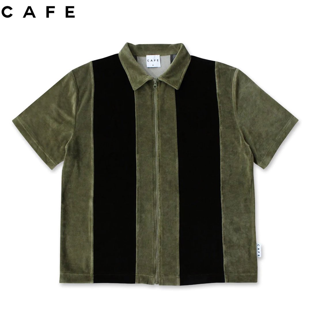 SKATEBOARD CAFE カフェ スケートボード シャツ FULL ZIP VELOUR STRIPE SHIRT オリーブ NO2