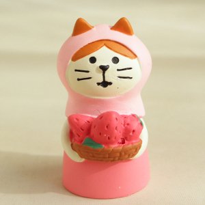 まったり猫の置物【ねこずきん/イチゴ】ピンク系 - 猫雑貨・猫グッズ