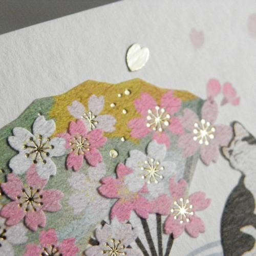 春のお便りポストカード【満開桜扇と白黒猫】 - 猫雑貨・猫