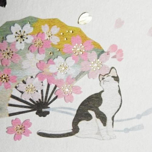 春のお便りポストカード【満開桜扇と白黒猫】 - 猫雑貨・猫
