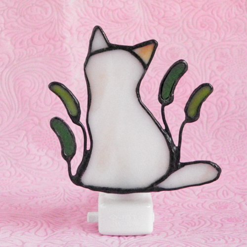 ステンドグラスのおやすみライト【猫じゃらしと猫】 - 猫雑貨・猫