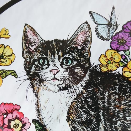 英国製ステンドグラス風ステッカー【キジ白こねこと黄色いプリムローズ