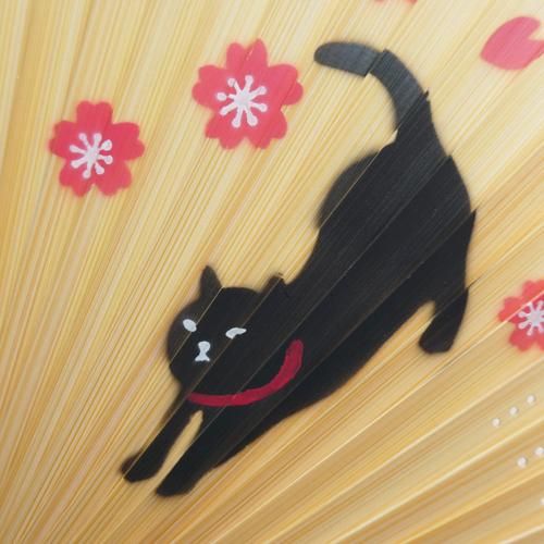短地シルクペンテックス扇子【のほほん猫】ピンク×黒猫 - 猫雑貨