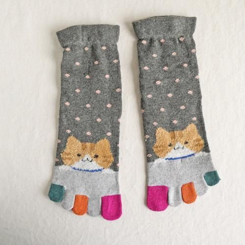 履き口ゆったり5本指ソックス【チャトラ白猫/グレー】 - 猫雑貨