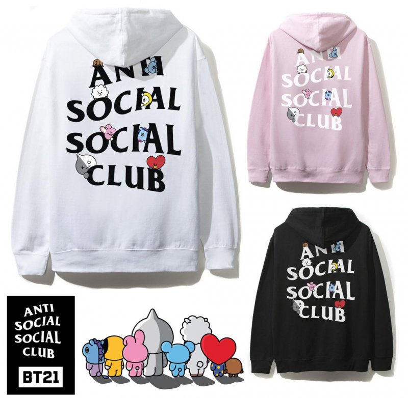 アンチソーシャルソーシャルクラブ(ANTI SOCIAL SOCIAL CLUB)×BT21 コラボスウェットパーカー ブラック ピンク ホワイト  防弾少年団 BTS ASSC