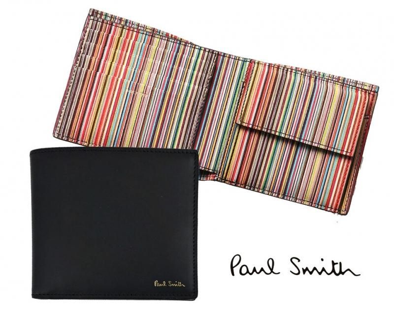 ポールスミス(PAUL SMITH)二つ折り財布 本革レザー/コンパクトウォレット/ブラックストライプ