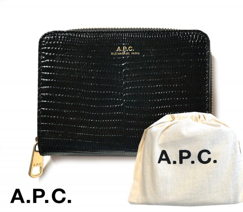 A.P.C.(アーペーセー) 二つ折りレザー財布 コンパクトウォレット CUIR EMBOSSE LEZARD EMMANUELLE COMPACT  WALLET F63029 ブラック