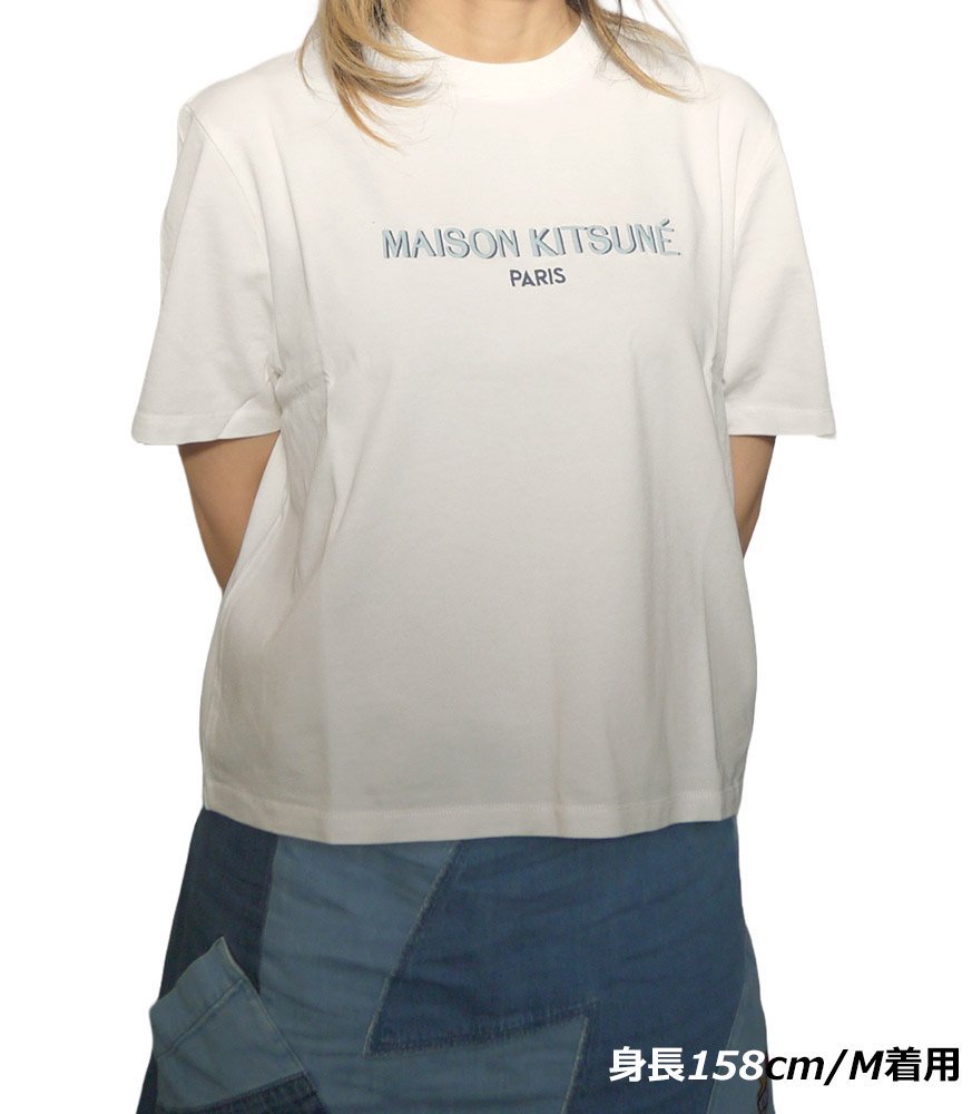 メゾンキツネ（MAISON KITSUNE）レディース 半袖Tシャツ ロゴ刺繍 BOXY TEE-SHIRT プラスサイズ 大きいサイズ オフホワイト  ブラック KW00120KJ0035 KW00121KJ0035