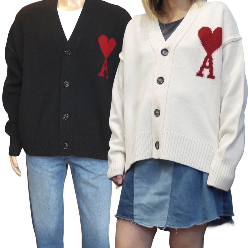 AMI ALEXANDRE MATTIUSSI Ami paris アミ パリス Vネック カーディガン ウール アウター RED AMI DE  COEUR CARDIGAN BFUKC006.018 レディース メンズ 長袖 セーター ハートロゴ