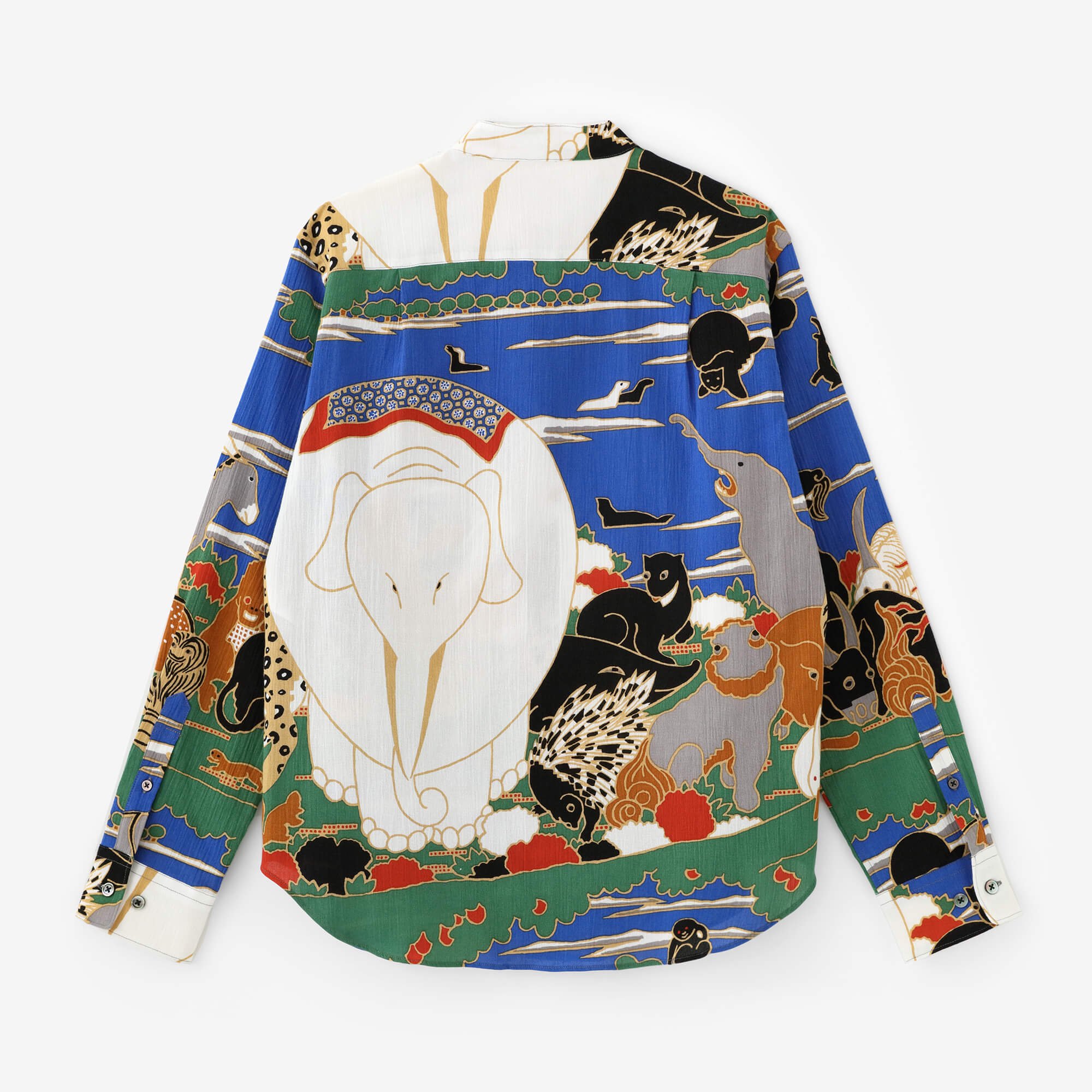 高島縮 20/20 スタンドカラーシャツ／若冲（じゃくちゅう） 鳥獣花木図屏風（ちょうじゅうかぼくずびょうぶ） 写し（うつし） - SOU・SOU  netshop　（ソウソウ）　-　『新しい日本文化の創造』