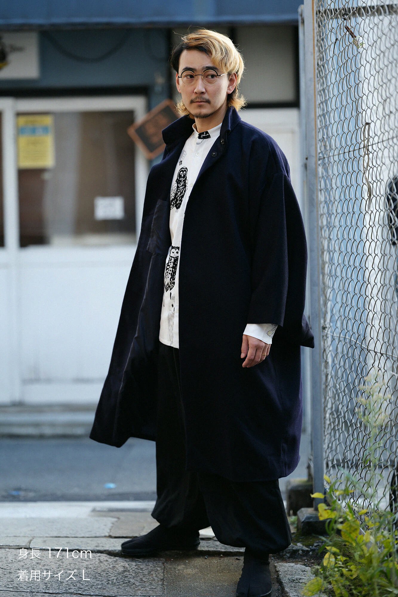 比翼ボタン【美品】sousou カシミア混 コート 角袖外套 袷 紺 Lサイズ