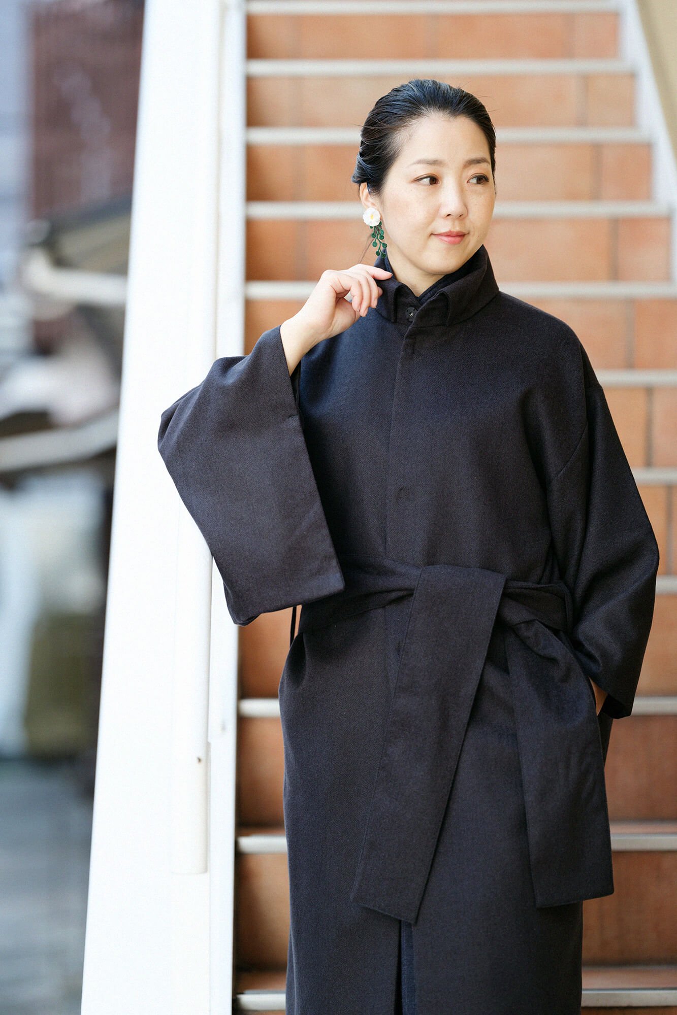 【美品】sousou カシミア混 コート 角袖外套 袷 紺 Lサイズ比翼ボタン