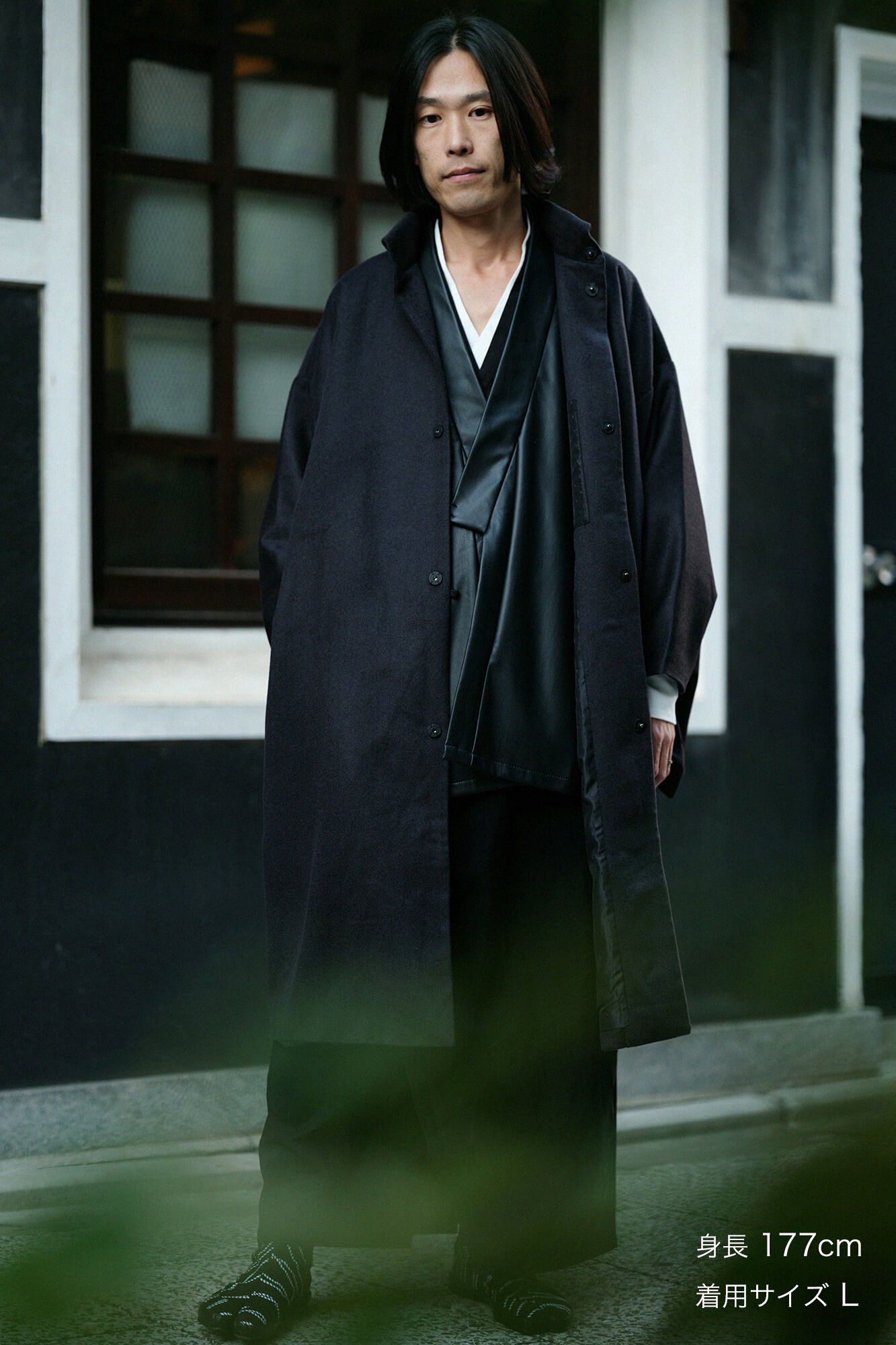 【美品】sousou カシミア混 コート 角袖外套 袷 紺 Lサイズポケット4つ