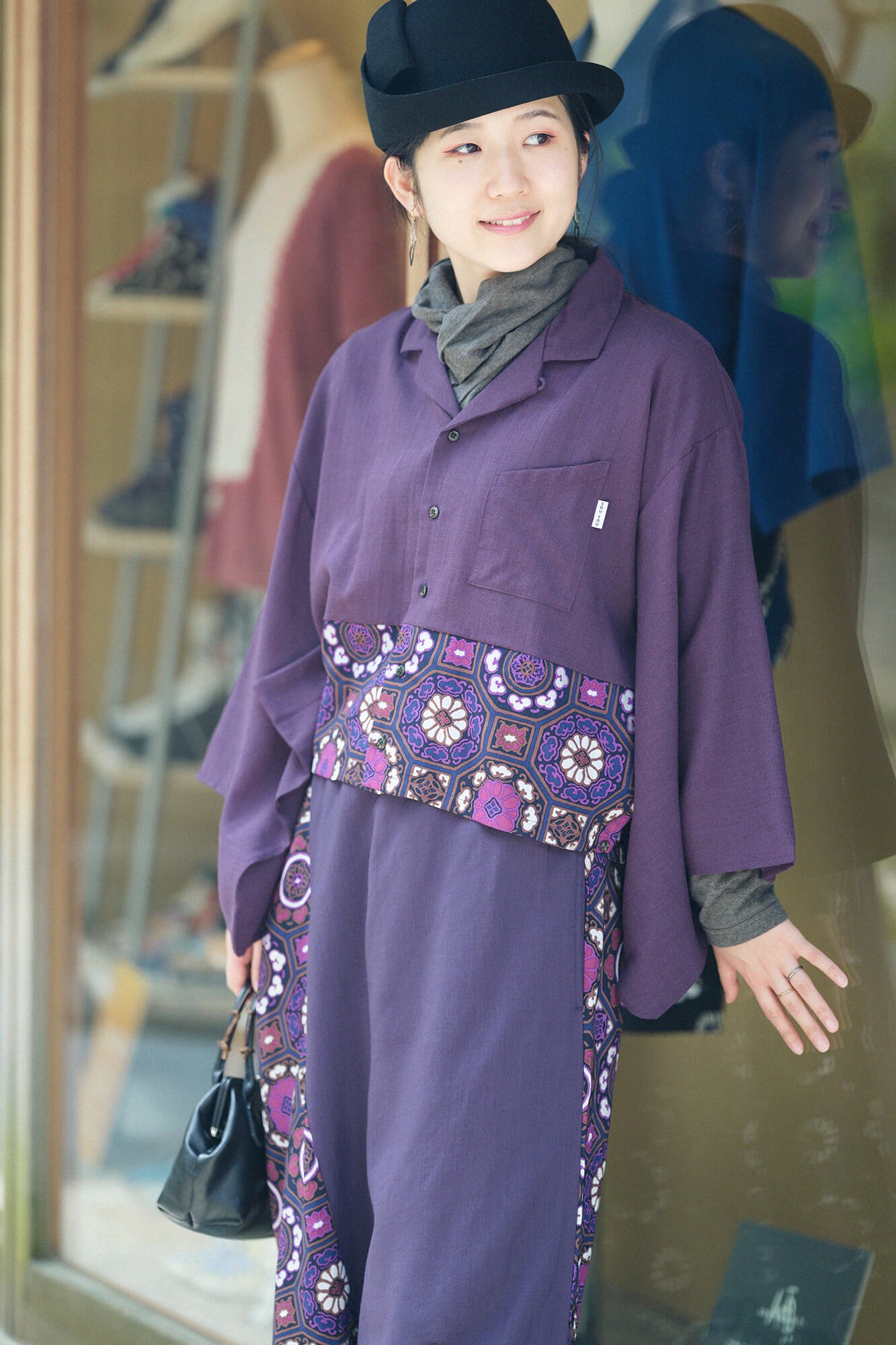 【net限定】モスリン 開襟帯草衣（かいきんおびそうい）／濃紫（こきむらさき）×華麗（かれい）