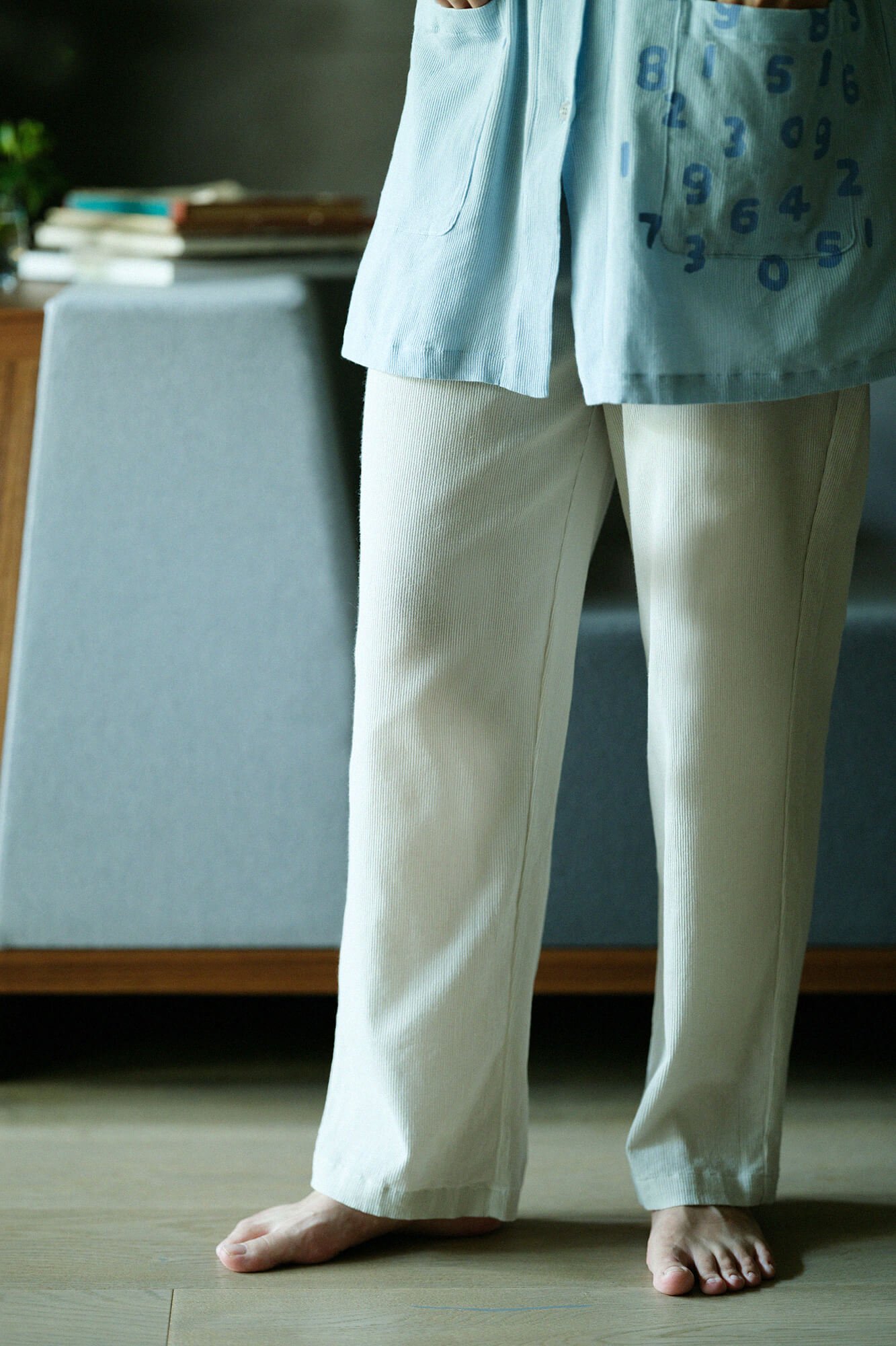 高島縮40/20畝（うね） レディースパジャマ 六分袖／空色（そらいろ）×銀鼠（ぎんねず）