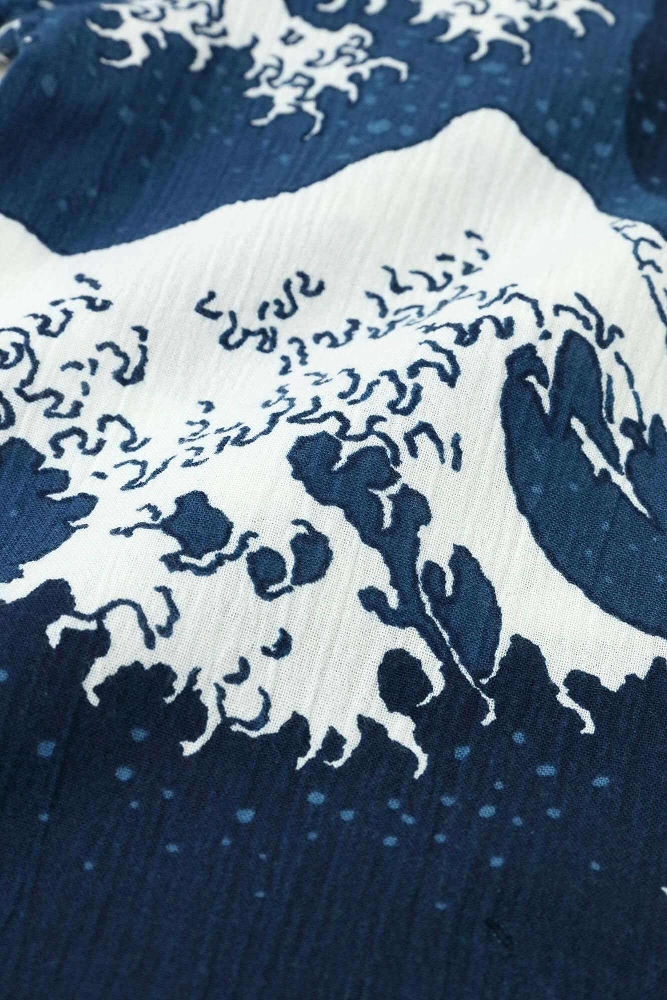高島縮 20/20 藍捺染（あいなせん） スタンドカラー半袖シャツ