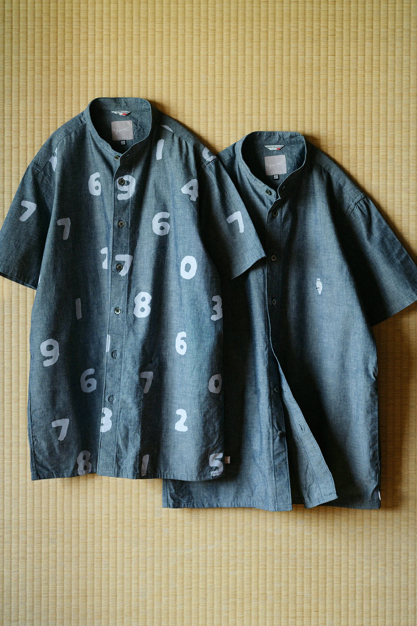 インディゴシャンブレー織 スタンドカラー半袖シャツ SP／SO-SU-U 杢紺（もくこん） - SOU・SOU netshop　（ソウソウ）　-　 『新しい日本文化の創造』