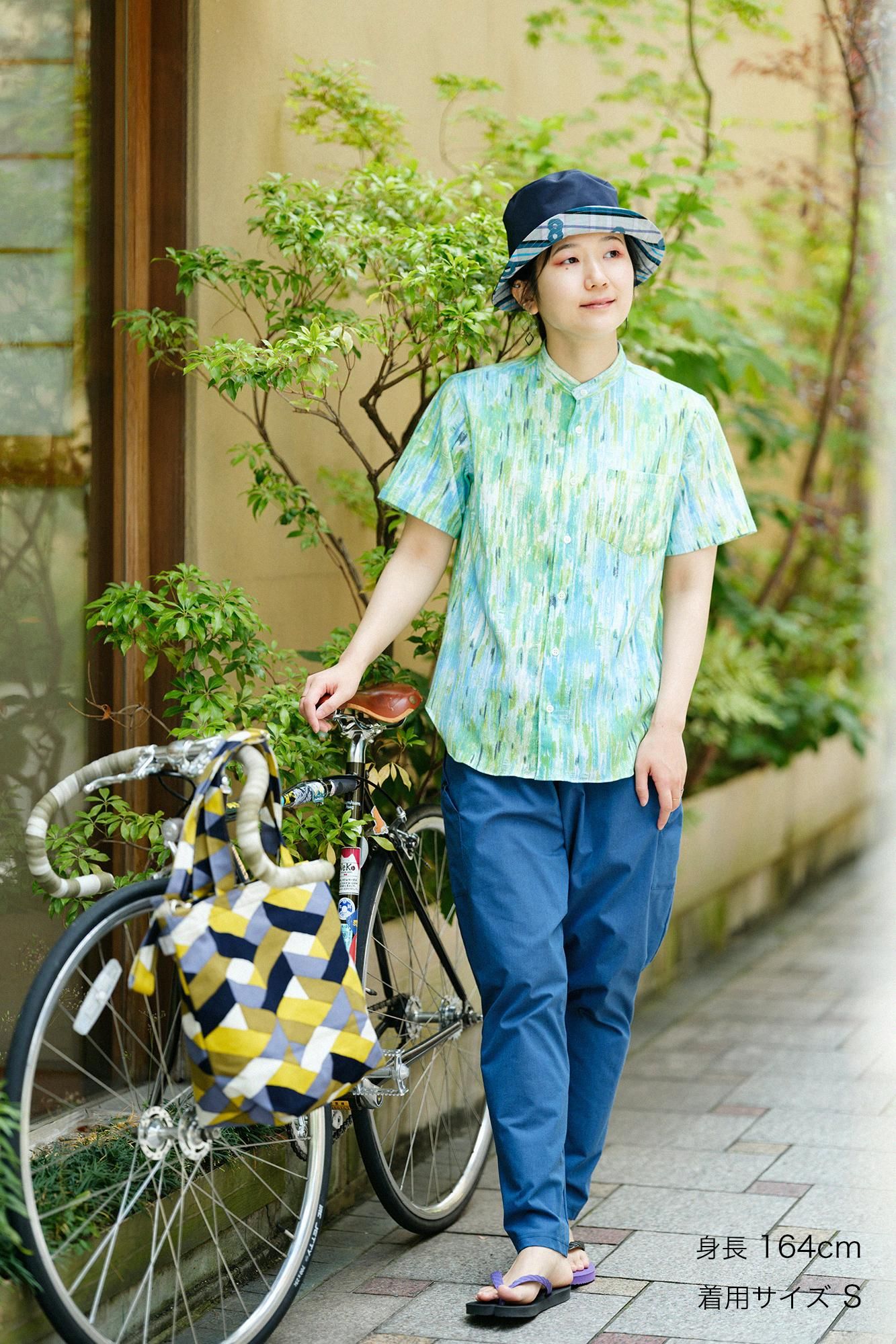 net限定】高島縮 20/20 スタンドカラー半袖シャツ／さざめき
