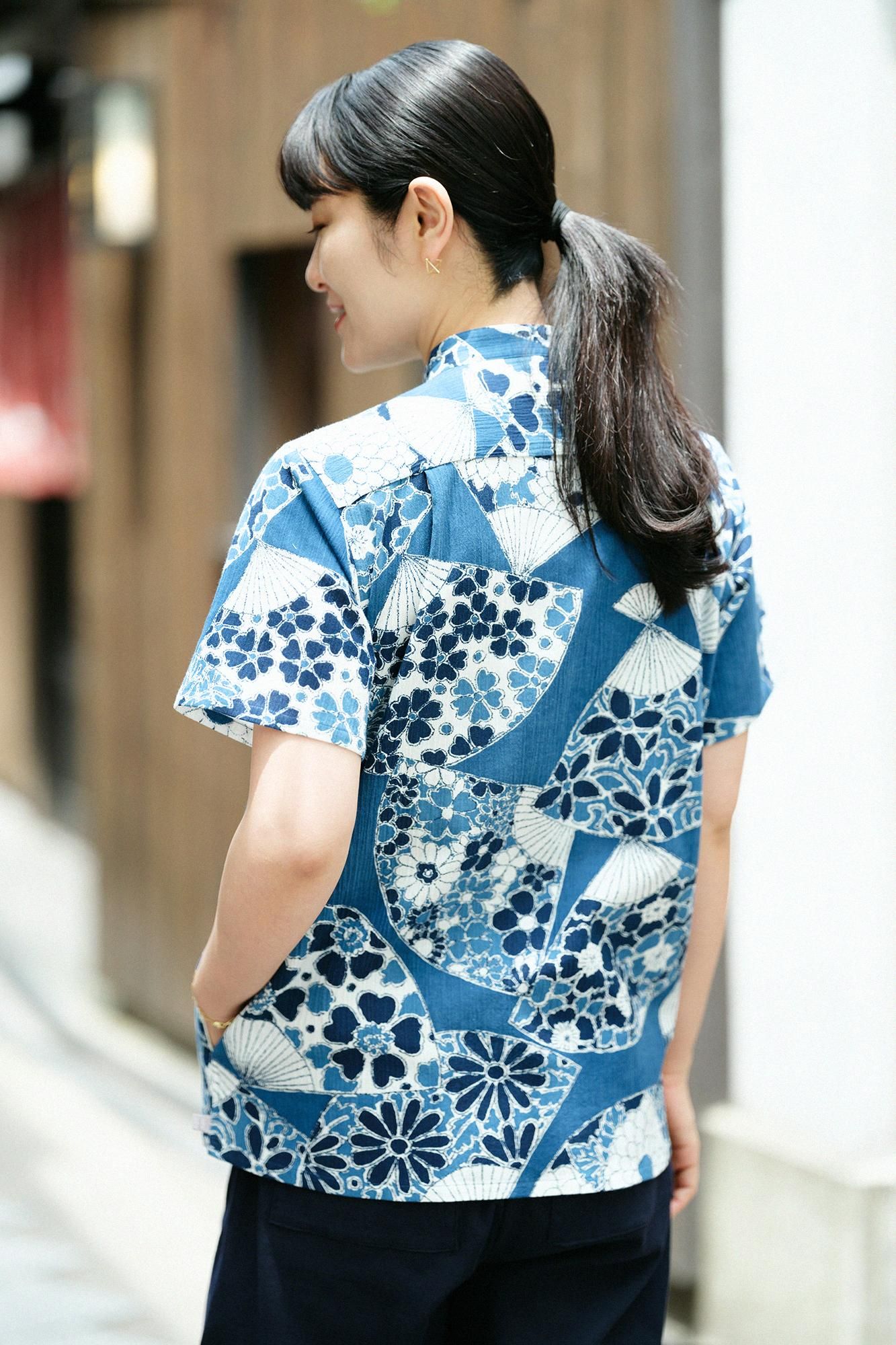 高島縮 20/20 藍捺染（あいなせん） スタンドカラー半袖シャツ