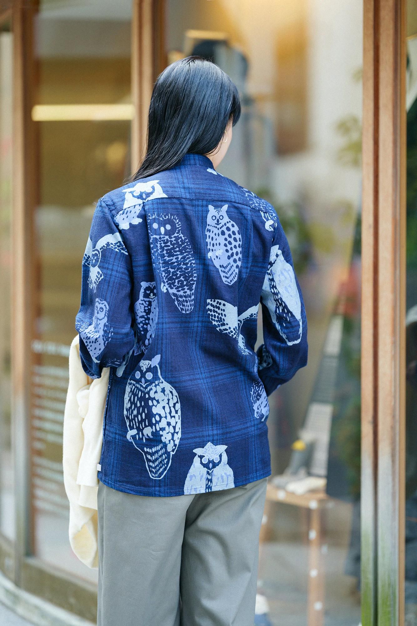 n*o様 SOUSOU スタンドカラー 半袖シャツ ふくろう サイズ:M 高島縮 20/20 スタンドカラー半袖シャツ SP／ふくろう - SOU