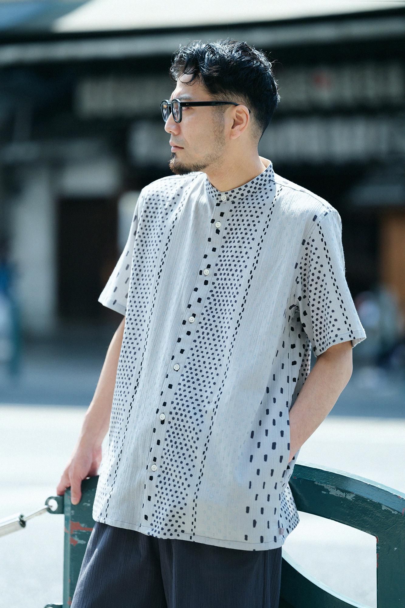 高島縮 20/20 スタンドカラー半袖シャツ SP／霰縞（あられじま