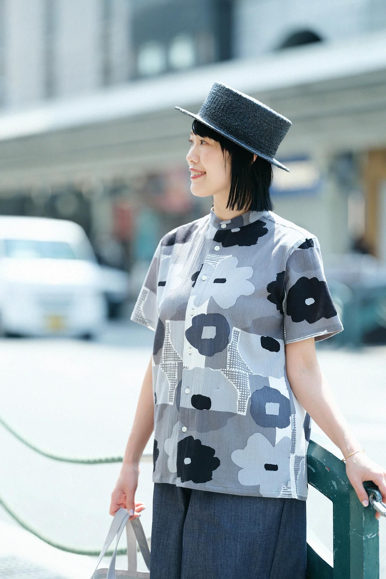 高島縮 20/20 スタンドカラー半袖シャツ SP／おし花 - SOU・SOU