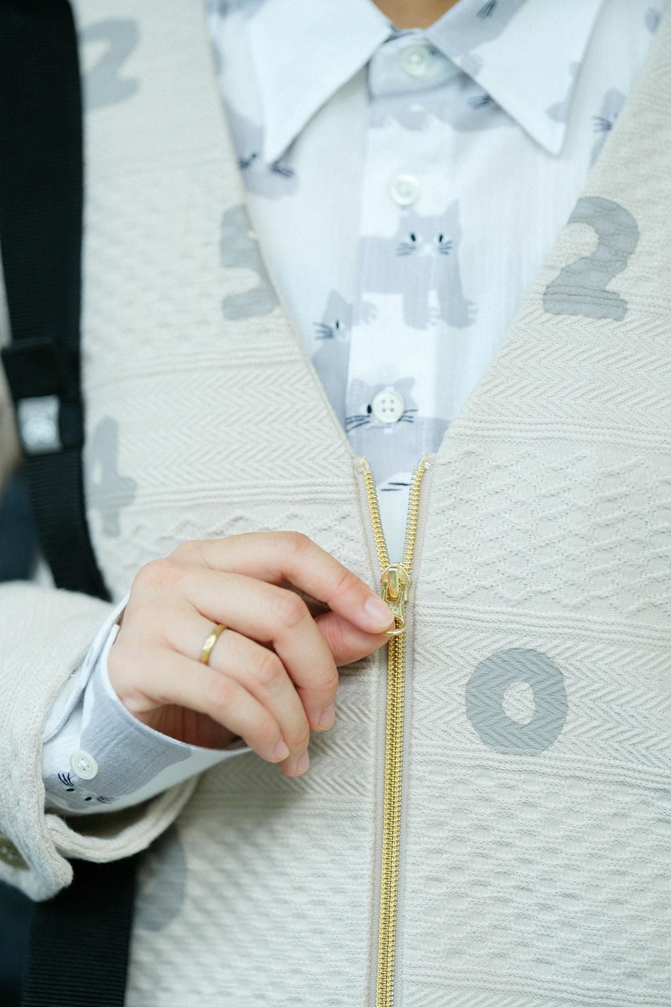 ◯予約】ジャカールニット ノーカラーVネック BIKEジャケット