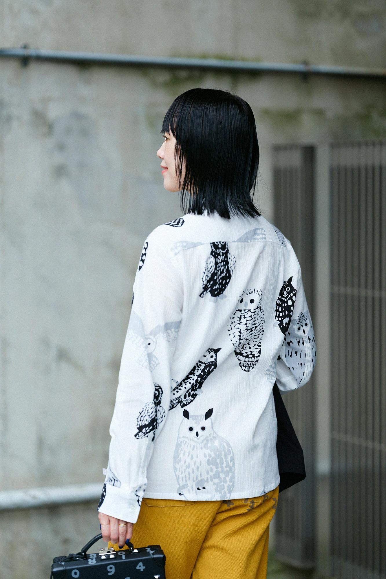 美品！SOU SOU 長袖シャツ　高島縮　スタンドカラー　フクロウ柄　S 白 美品！SOU SOU 長袖シャツ 高島縮 スタンドカラー フクロウ柄 S