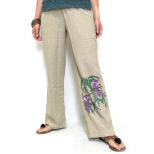 エスニックファッション・アジアンファッション　コットン裾和柄パンツ