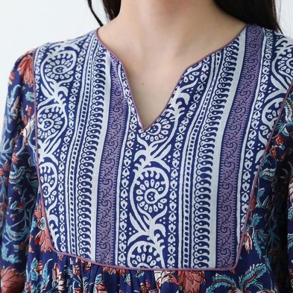 ブロックプリントロングワンピース／エスニックワンピース インド綿