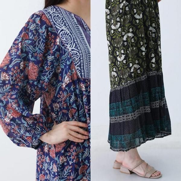 ブロックプリントロングワンピース／エスニックワンピース インド綿