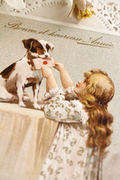 アンティークポストカード52少女と犬
