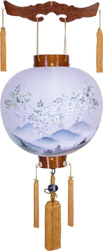 盆提灯-御殿丸 絹張り ケヤキ 「藤山水」 尺三(１３号)の画像１