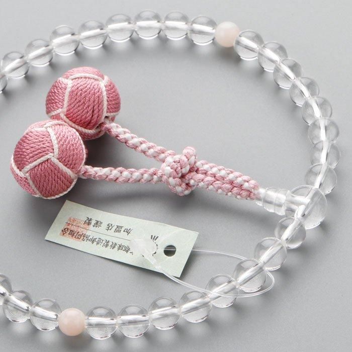 数珠 女性用 本水晶 ピンクオパール 正絹梵天房 - 数珠 京念珠