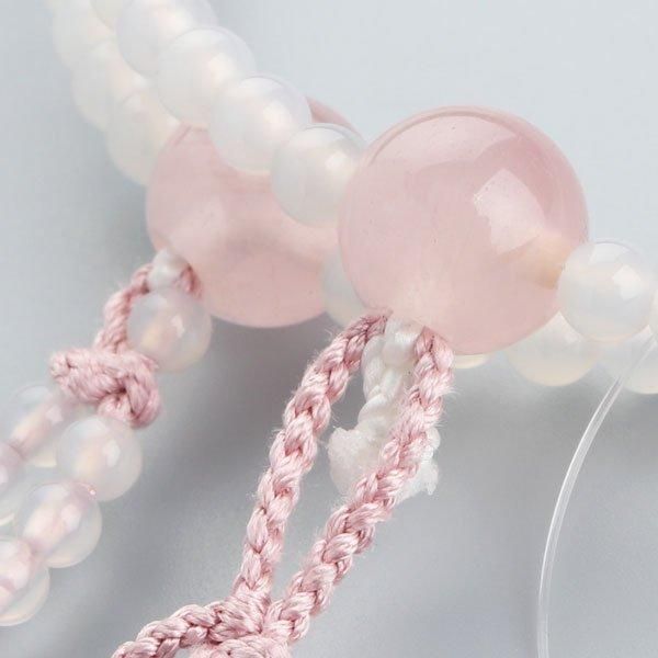 日蓮宗 数珠 女性用 白瑪瑙 ローズクォーツ 正絹梵天房 - 数珠 京念珠